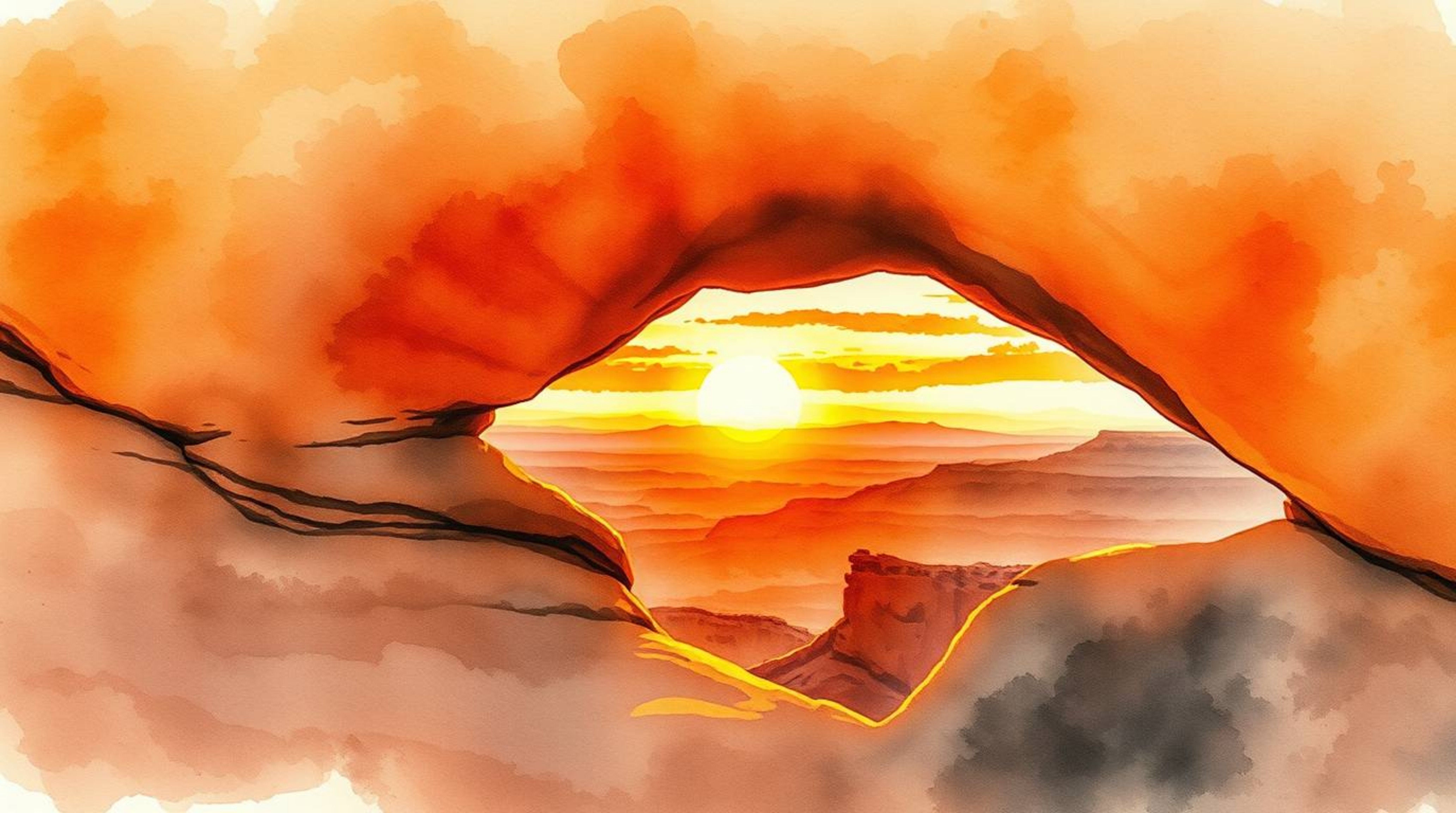 This stunning watercolor painting captures a breathtaking desert sunset viewed through a natural rock arch. The artwork featu