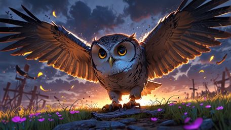 In a beautifully serene and uplifting scene, rendered in a captivating blend of Pixar and anime styles, a wise blind owl prep