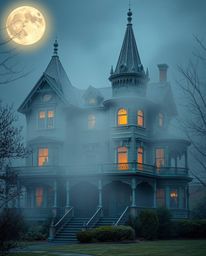 A fog-covered Victorian mansion rendered in cast bronze with an iridescent patina finish creates a captivating scene under mo