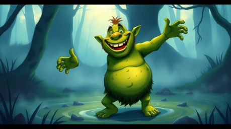 A whimsical illustration showcases a jovial, mossy green ogre joyfully dancing in a mystical swamp.  The scene is bathed in s