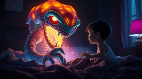 Experience a heartwarming scene where a monstrous creature from under the bed transforms into a child's best friend, depicted