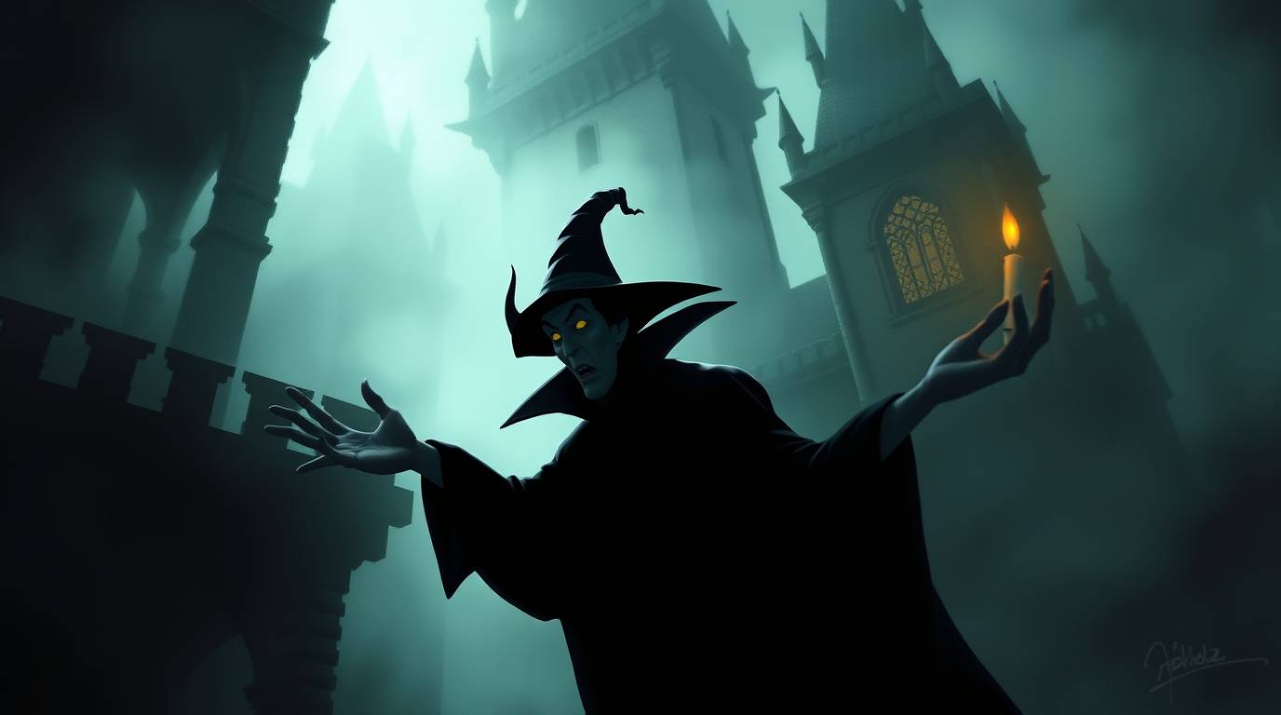 A captivating digital painting depicts a classic Disney villain casting a spell within a dimly lit, ancient castle.  The artw
