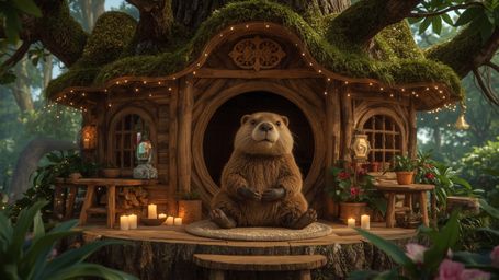 A highly detailed, vibrant, and warm high-resolution stock photo shows a serene beaver with a fluffy brown coat, wearing a ti