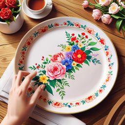 A hand-painted porcelain plate featuring a beautiful floral design rests elegantly on a wooden table. This exquisite piece co