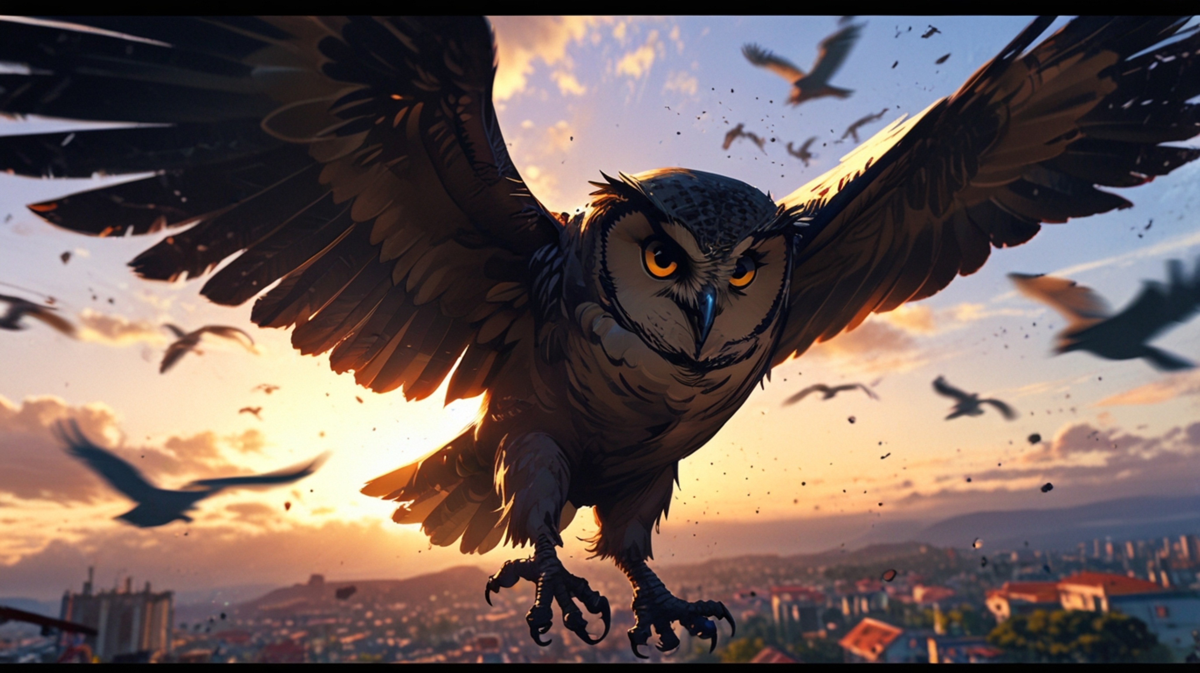 A stunning and deeply moving scene, created in a beautiful fusion of Pixar and anime styles. The silhouette of a blind owl is