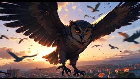 A stunning and deeply moving scene, created in a beautiful fusion of Pixar and anime styles. The silhouette of a blind owl is