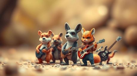 A vibrant digital painting showcases a band of cartoon animals rocking out!  The artwork features a sharp focus on the playfu