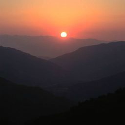 A stunning cinematic image capturing a sunset over a serene mountain valley, accentuated by intense jet black and deep shadow