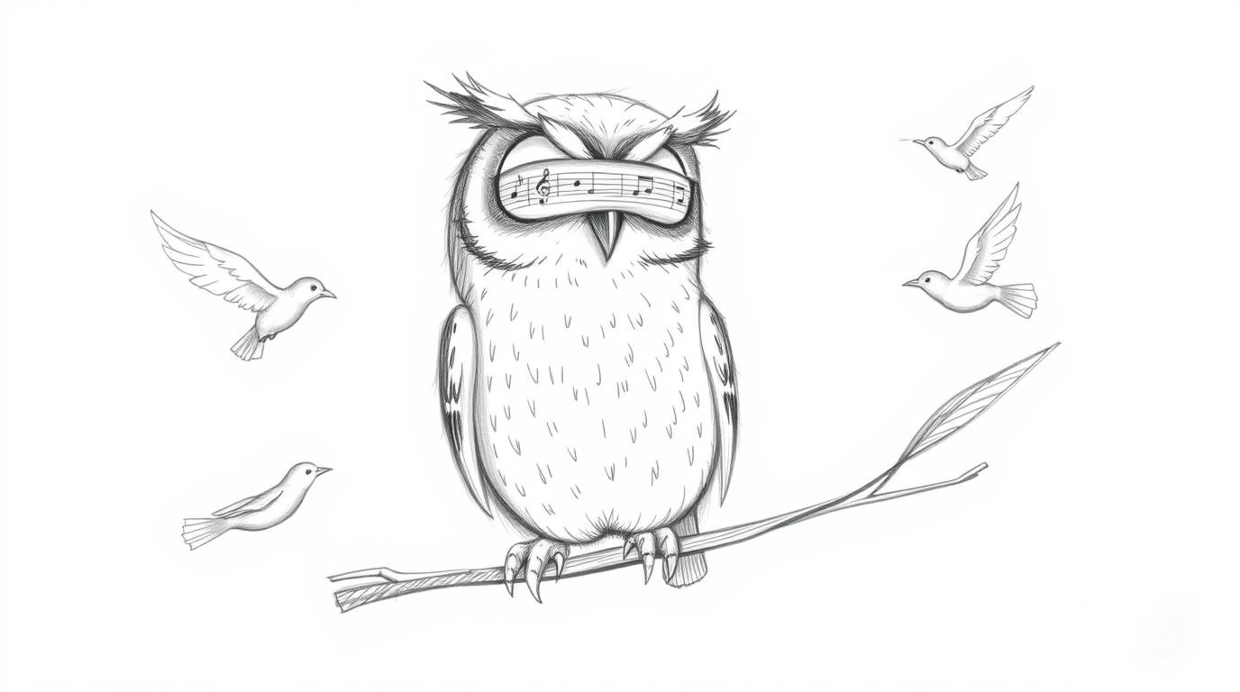 This charming hand-drawn pencil sketch depicts a blind owl, rendered in the style of Pixar, using musical chirps to teach oth