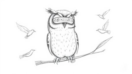 This charming hand-drawn pencil sketch depicts a blind owl, rendered in the style of Pixar, using musical chirps to teach oth