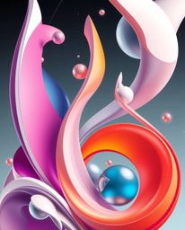 This artwork presents a graceful and elegant abstract composition featuring colorful 3D fluid shapes and geometric forms inte