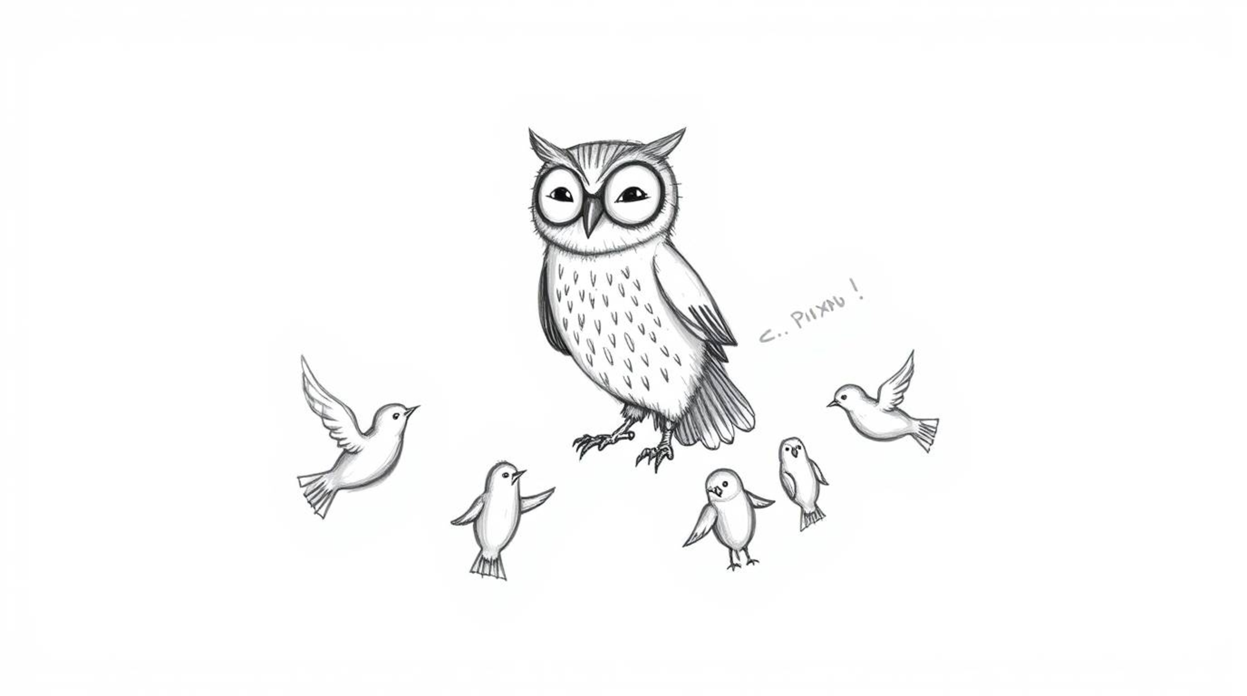 A heartwarming hand-drawn sketch reminiscent of Pixar's style portrays a blind owl, distinguished by textured pencil strokes 