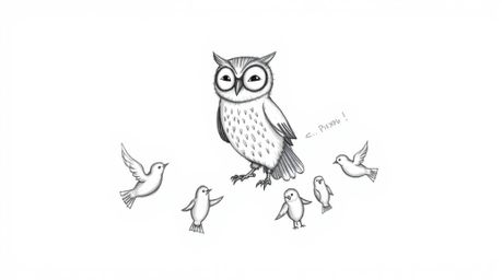 A heartwarming hand-drawn sketch reminiscent of Pixar's style portrays a blind owl, distinguished by textured pencil strokes 