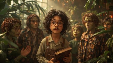 In a vibrant, cinematic photograph reminiscent of a Pixar animation, a bespectacled, curly-haired genius is surrounded by a l