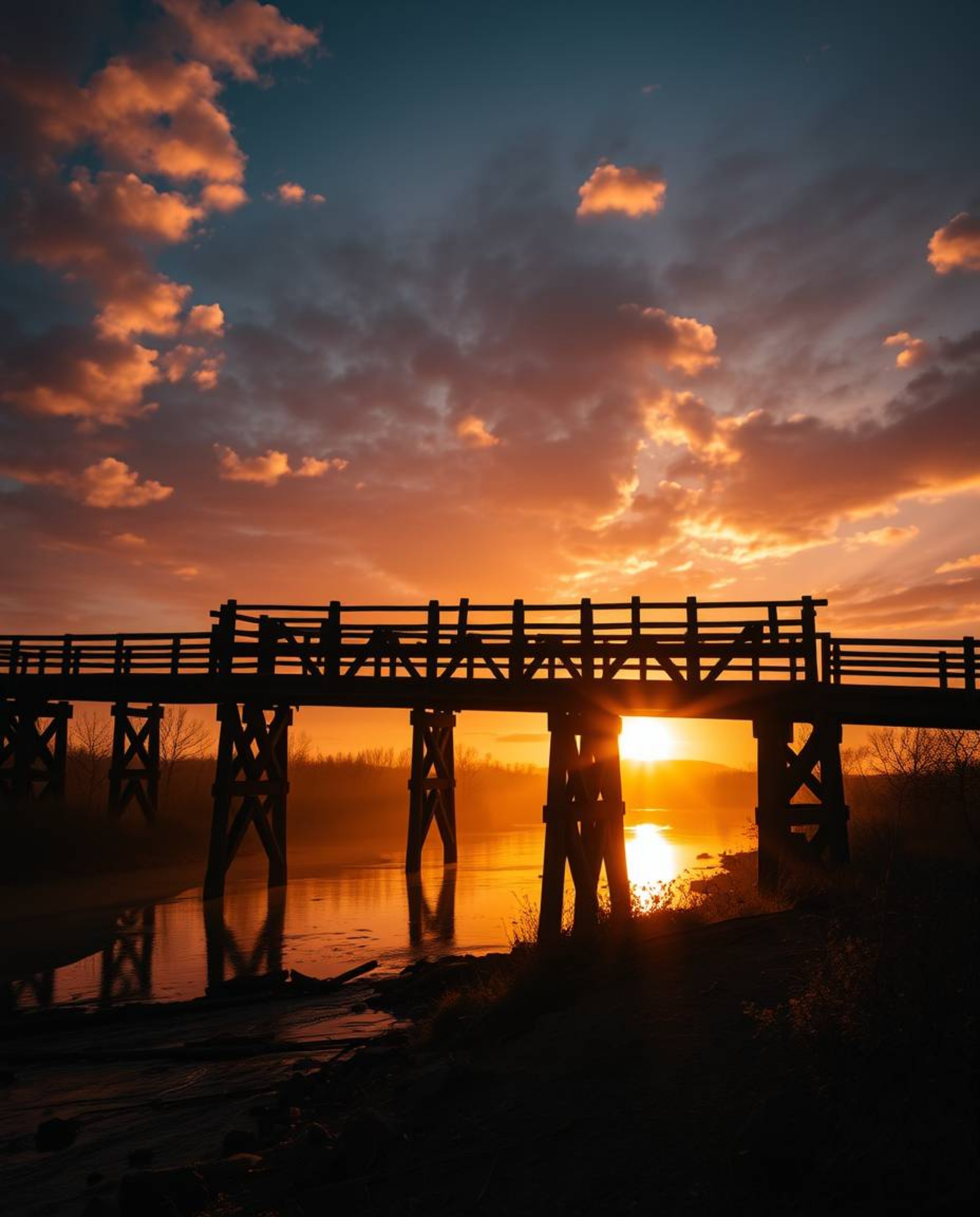 A grand epic scene of an old wooden bridge over a river at sunset. The bridge is powerfully silhouetted with dramatic backlig