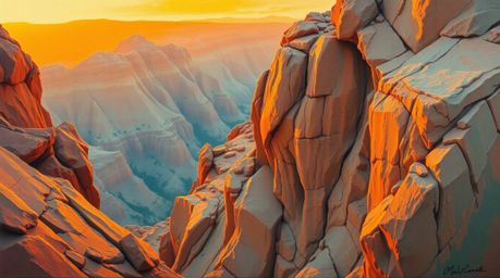 A captivating oil painting depicting a rocky canyon bathed in warm sunset hues.  The artwork showcases a striking contrast be