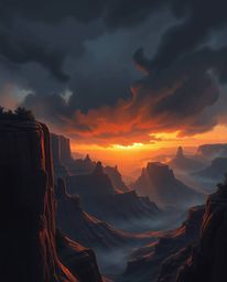 A digital painting in a strong, moody style depicts a sunset illuminating sandstone cliffs in a canyon. The artwork is define
