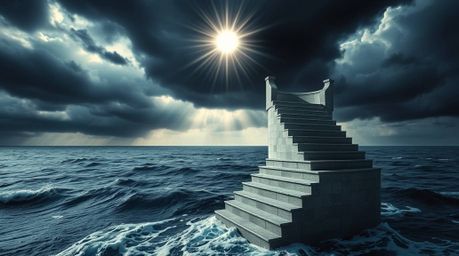 A dramatic staircase emerges from the ocean, reaching towards a stormy sky illuminated by a divine sunburst.  Intense, high-c