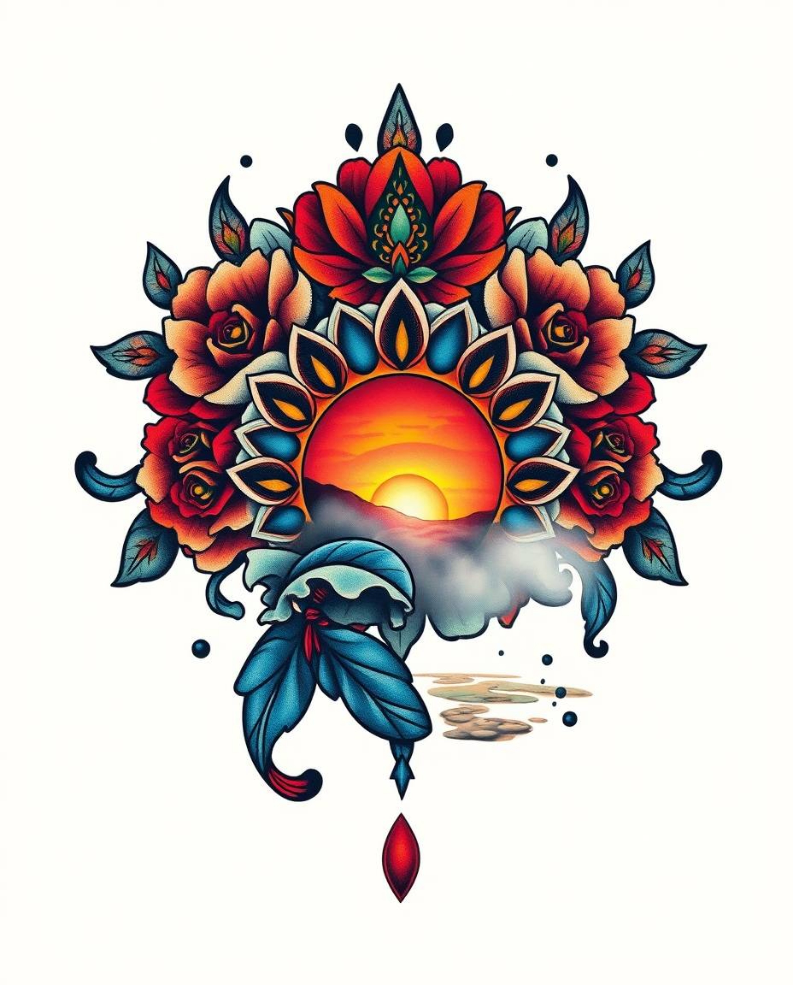This traditional tattoo art print features an extreme macro close-up of a sunset sky mirrored in tidal pools, enveloped in fo