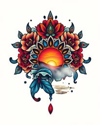 This traditional tattoo art print features an extreme macro close-up of a sunset sky mirrored in tidal pools, enveloped in fo