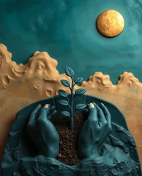 This sculptural clay artwork depicts hands gently planting a tree beneath a golden sky, rendered in rich, deep teal hues that
