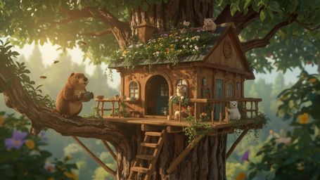A high-resolution, Pixar-inspired stock photo captures a diligent beaver in a whimsical, vibrant forest, building the perfect