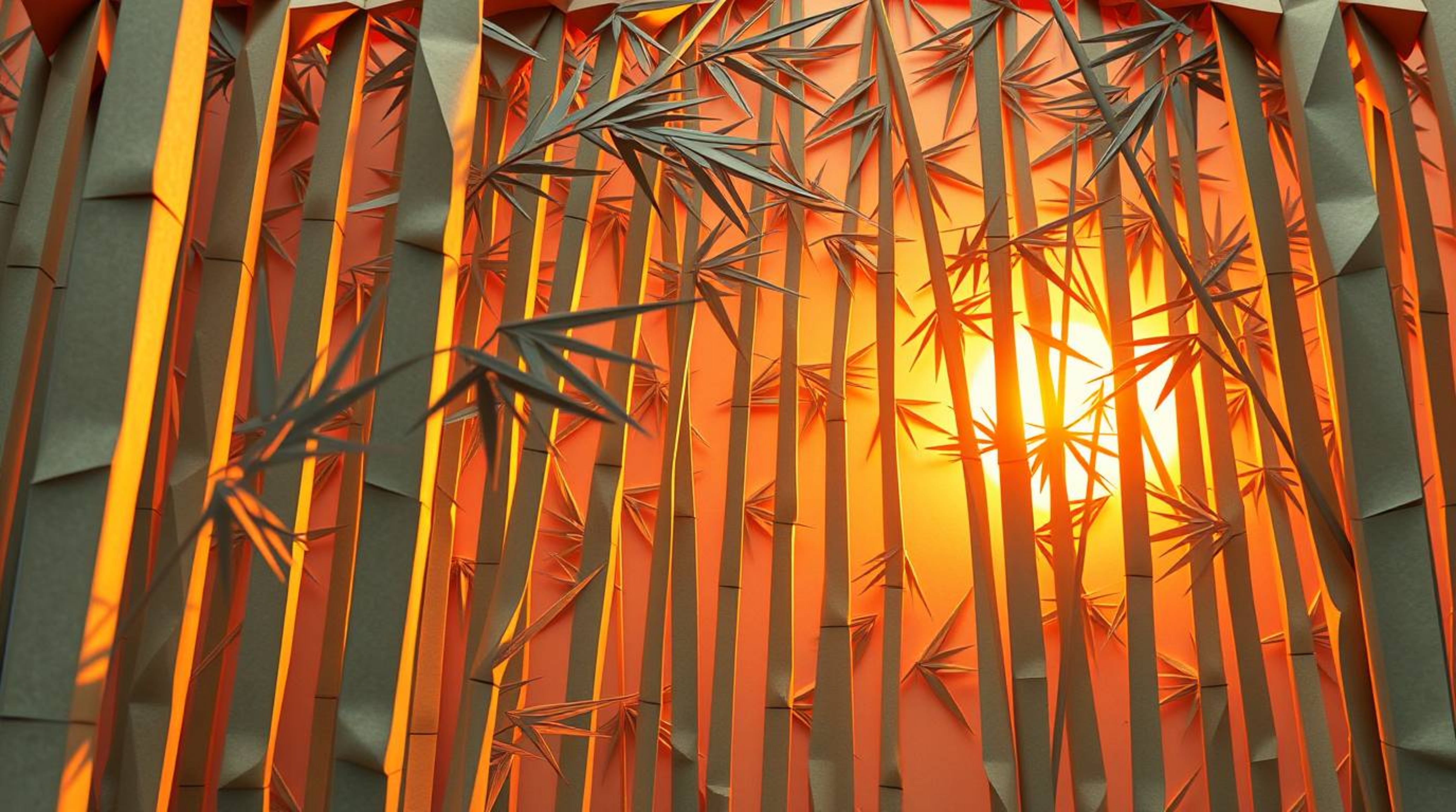 This striking image features an intricate origami-style depiction of a bamboo forest, beautifully illuminated by the warm hue