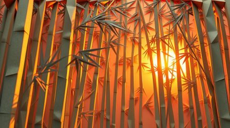 This striking image features an intricate origami-style depiction of a bamboo forest, beautifully illuminated by the warm hue