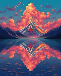 An Isekai anime-style illustration featuring the reflection of adorable and charming characters in a mountain lake set agains