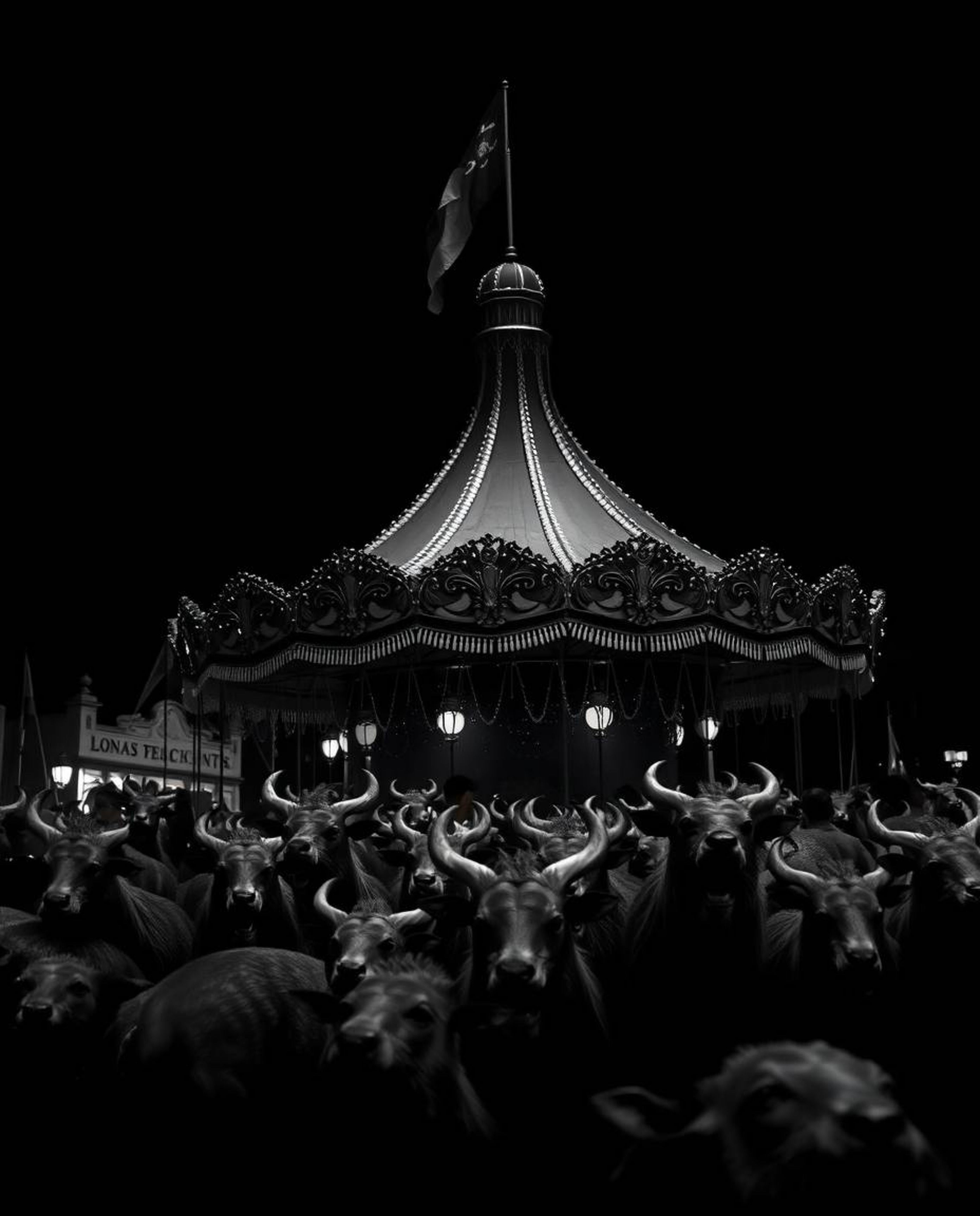 Explore a captivating carnival scene overrun by wild animals, rendered in striking jet black architectural color photography.
