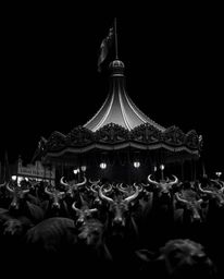 Explore a captivating carnival scene overrun by wild animals, rendered in striking jet black architectural color photography.