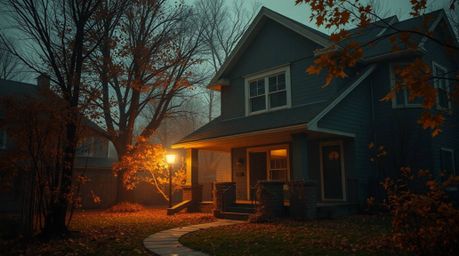 Imagine an alien settling into a suburban home, bathed in the warm hues of autumn but tinged with dark, eerie tones. The scen