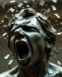 A captivating cinematic image showcases a detailed bronze sculpture of a screaming person.  The surrounding world dramaticall