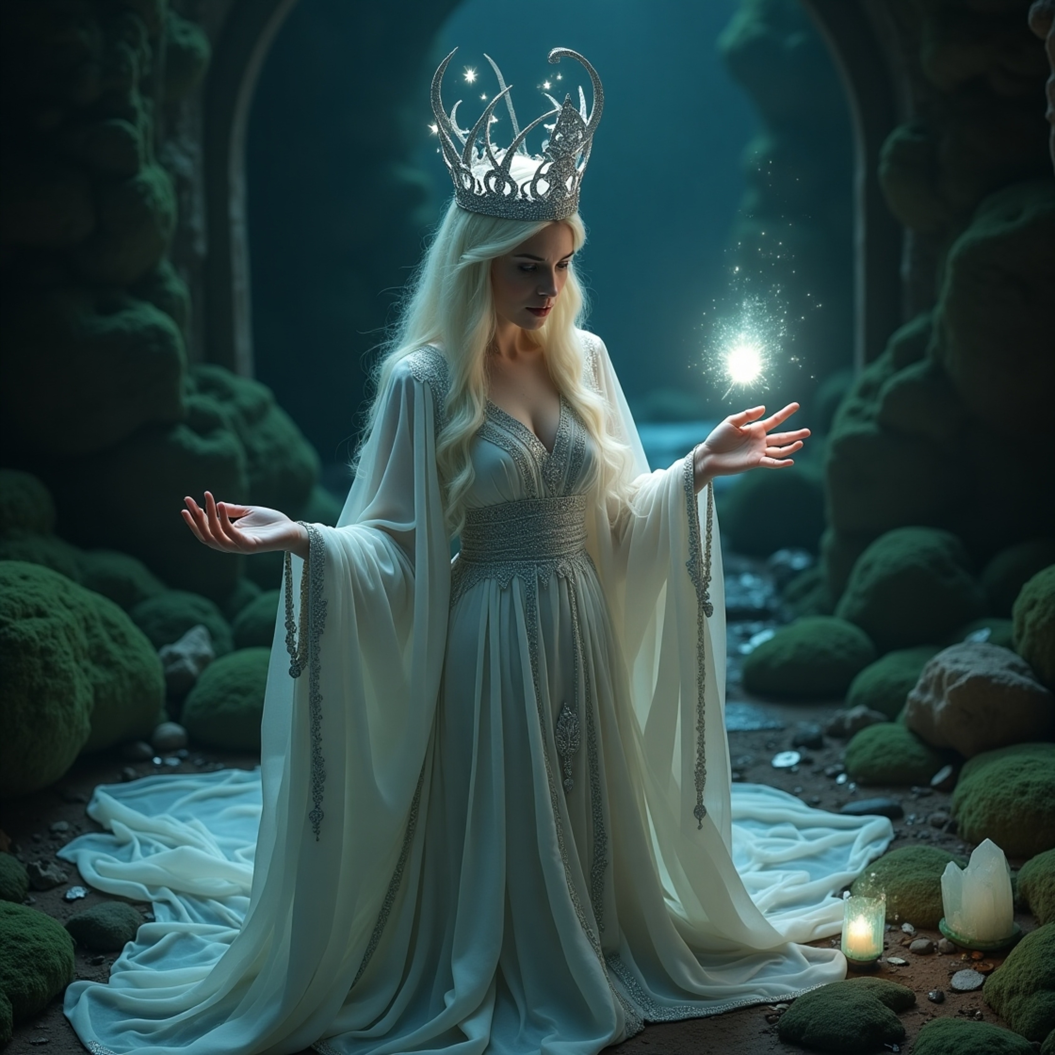 In the heart of a dark and damp cavern, a statuesque and mystical sorceress casts a powerful spell. Adorned with a silver cro