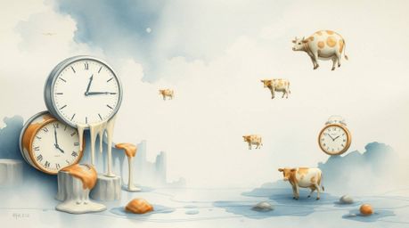 This captivating watercolor painting depicts a surreal dreamscape where melting clocks and floating cows dance in a soft, tra