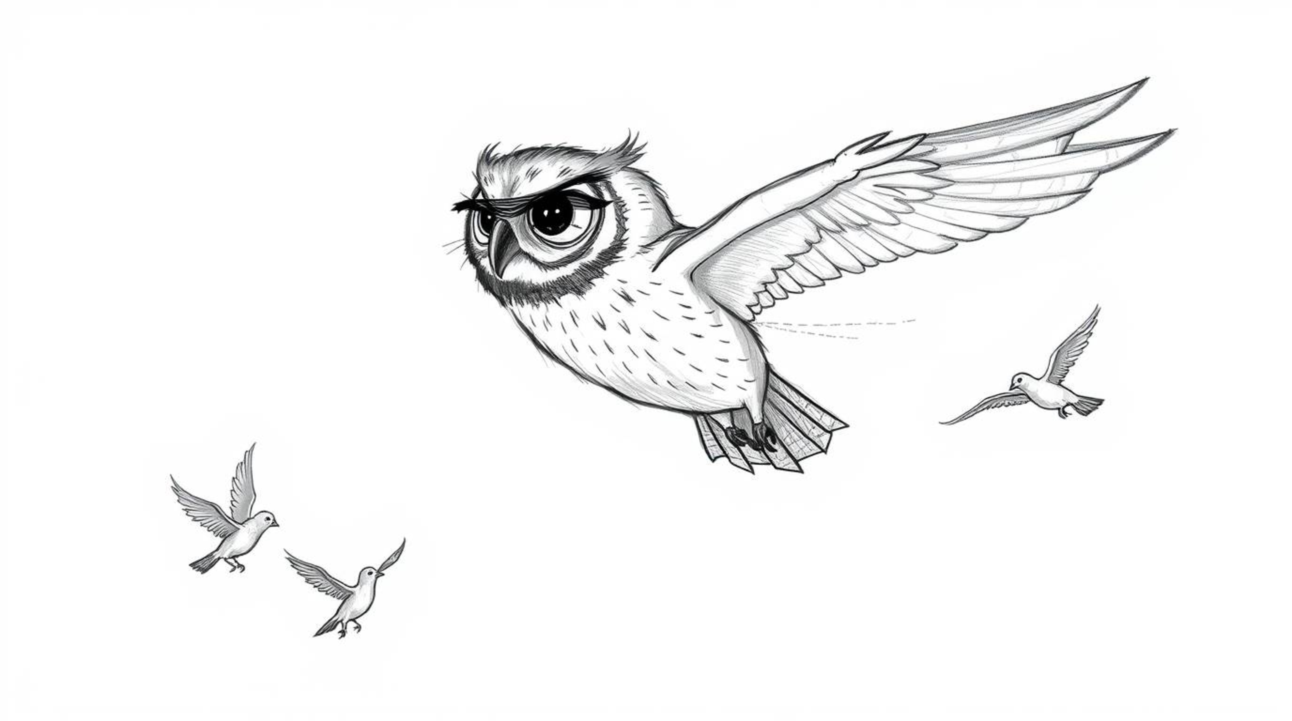 A heartwarming Pixar-style hand-drawn sketch portrays a blind owl in mid-flight, compassionately teaching smaller birds how t