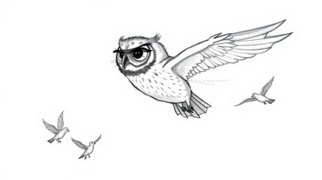 A heartwarming Pixar-style hand-drawn sketch portrays a blind owl in mid-flight, compassionately teaching smaller birds how t