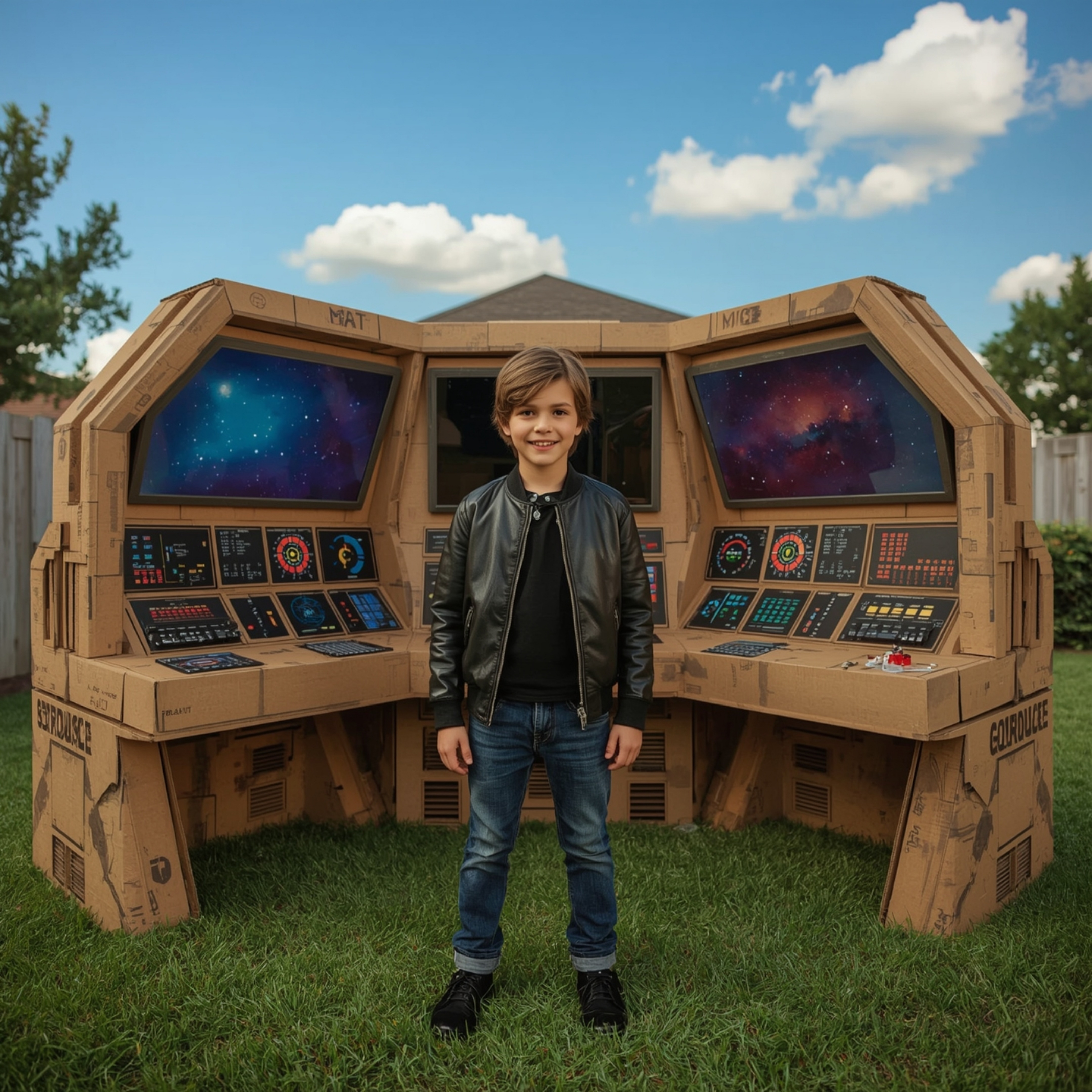 Exquisite high-fashion photography captures a boy with curious brown eyes and a bright smile, building a miraculously functio