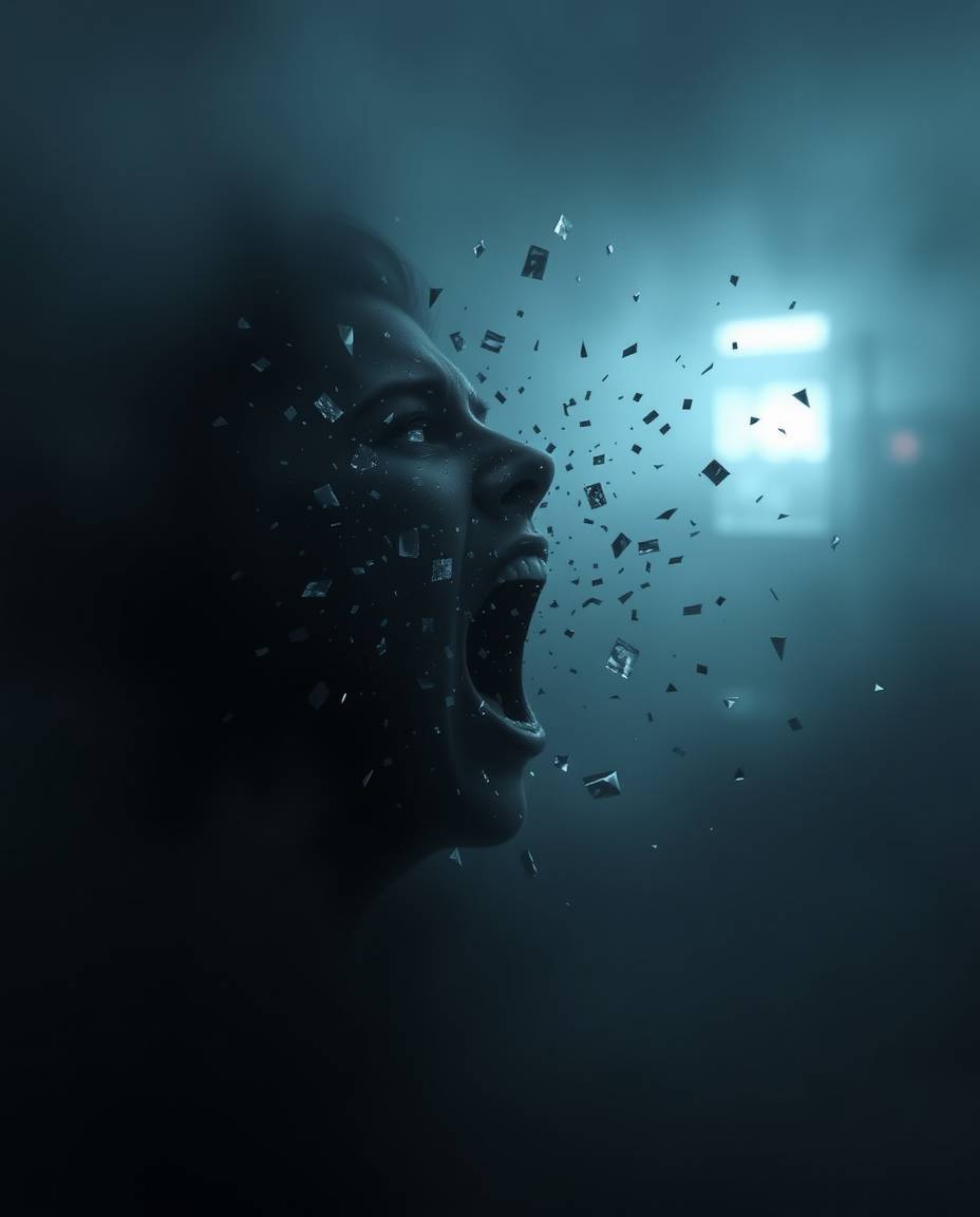 A chilling scene unfolds where a person screams in terror as their world disintegrates into a chaotic pixelated landscape.  T
