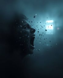 A chilling scene unfolds where a person screams in terror as their world disintegrates into a chaotic pixelated landscape.  T