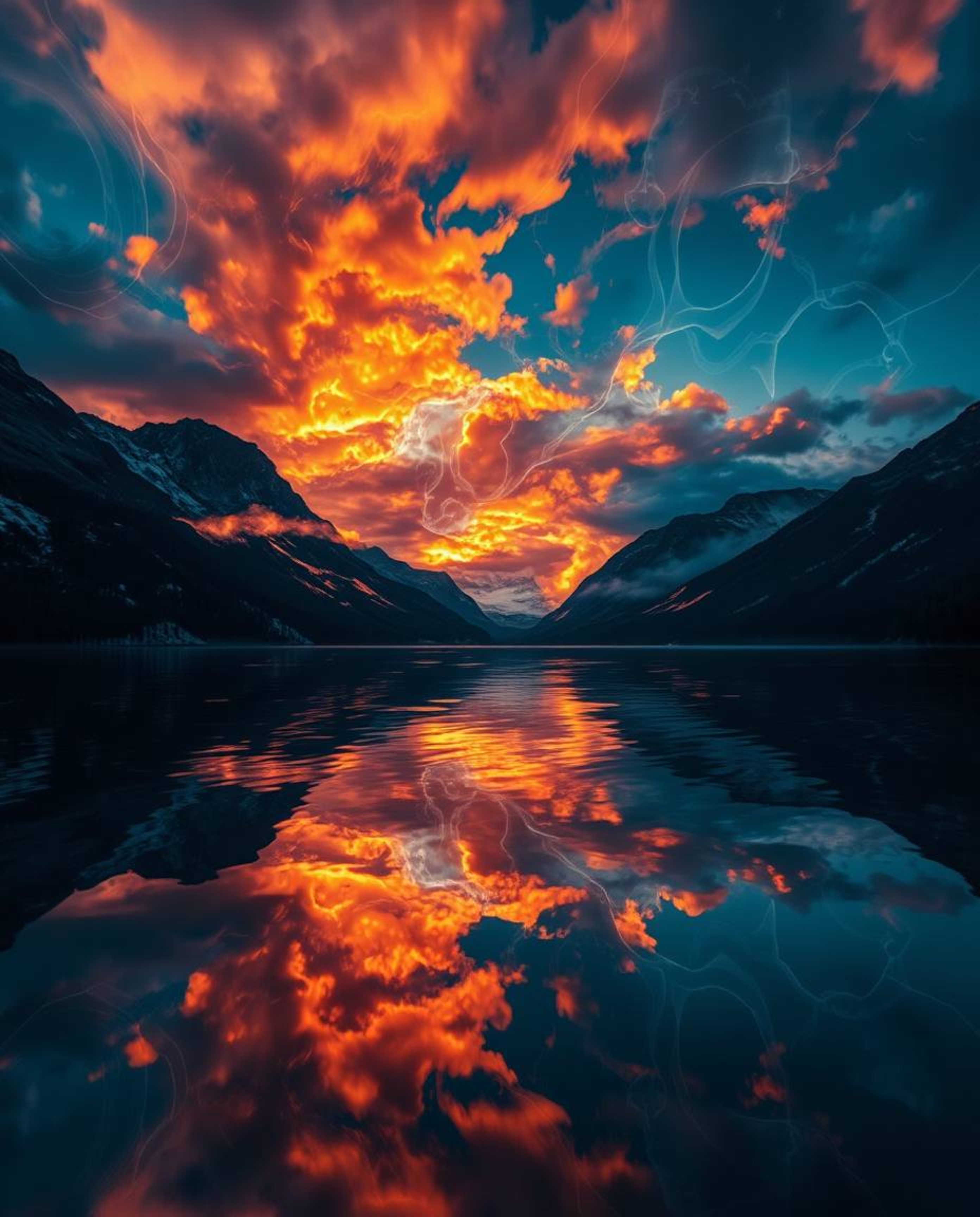 A creative light art piece featuring reflections of fiery clouds in a mountain lake. Abstract patterns and artistic lighting 