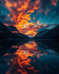 A creative light art piece featuring reflections of fiery clouds in a mountain lake. Abstract patterns and artistic lighting 