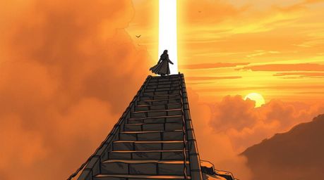 A warm and cozy hand-drawn sketch in sketchnote style featuring a lone figure with refined features climbing a stone staircas
