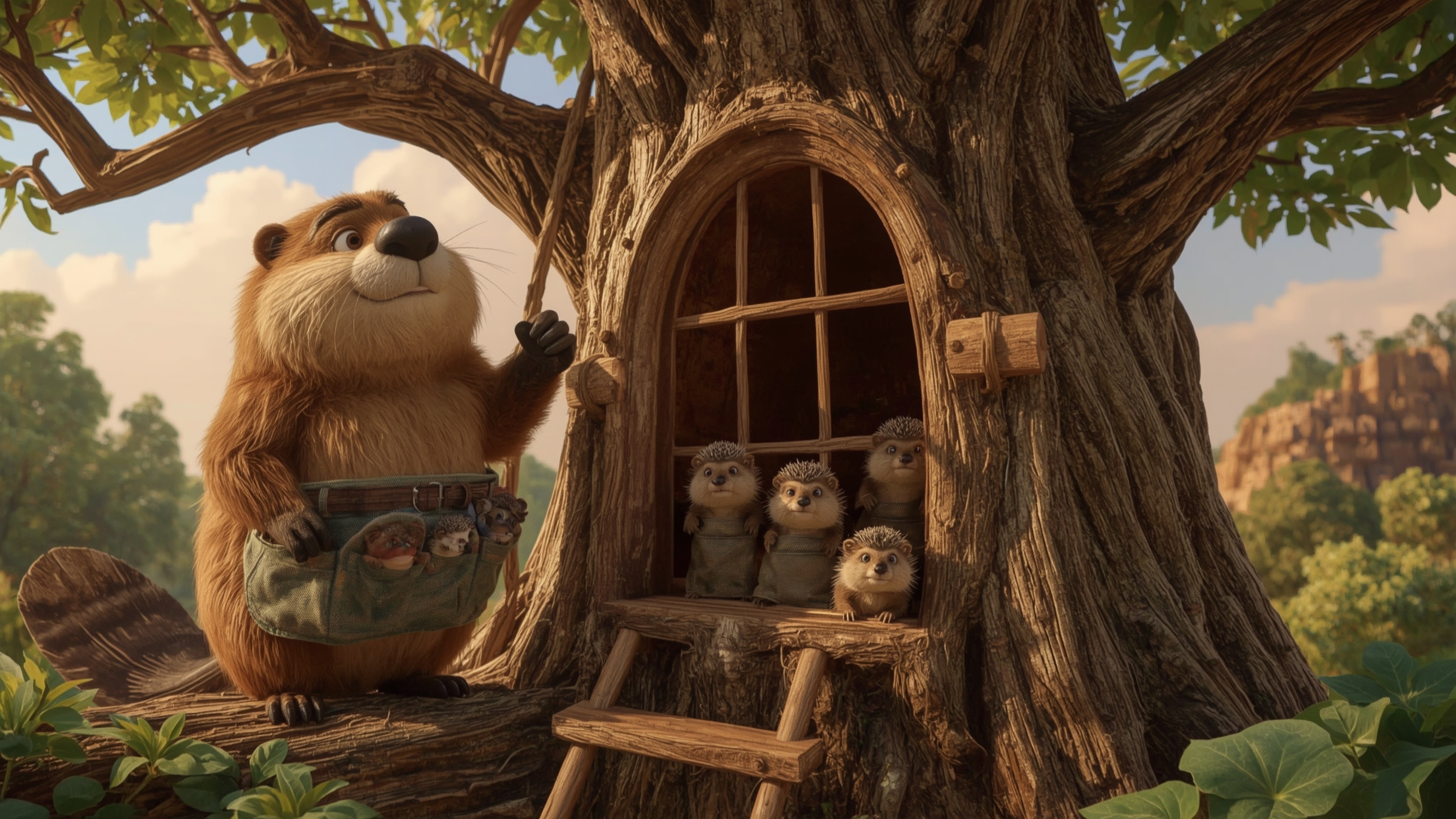 A highly detailed, high-resolution stock photo captures a busy beaver, inspired by Pixar's whimsical style, constructing a co