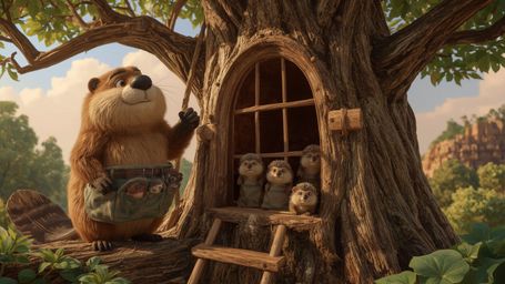 A highly detailed, high-resolution stock photo captures a busy beaver, inspired by Pixar's whimsical style, constructing a co