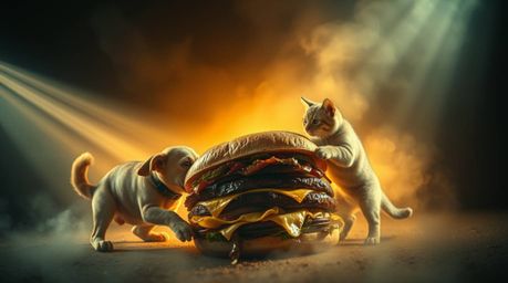 A captivating image depicts a dog and a cat engaging in a comical yet unsettling fight over an enormous sandwich.  The scene 