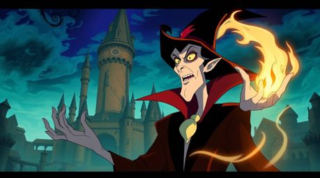 A classic Disney villain, rendered in a vibrant isekai anime style, casts a spell within a majestic old castle.  The artwork 