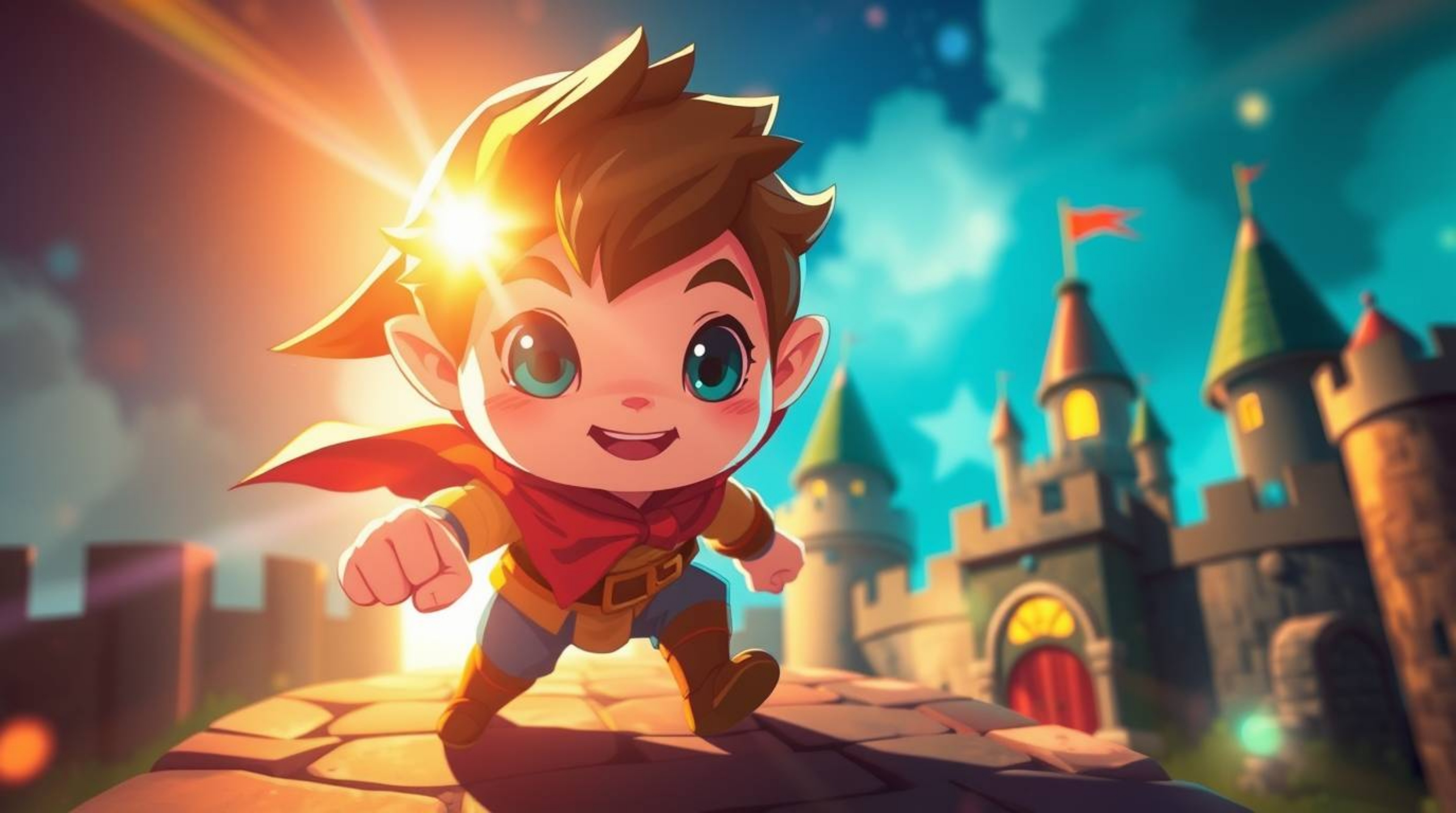 A charming and adorable thief, bathed in bright lens flare and vibrant colors, is attempting a daring heist, sneaking into a 