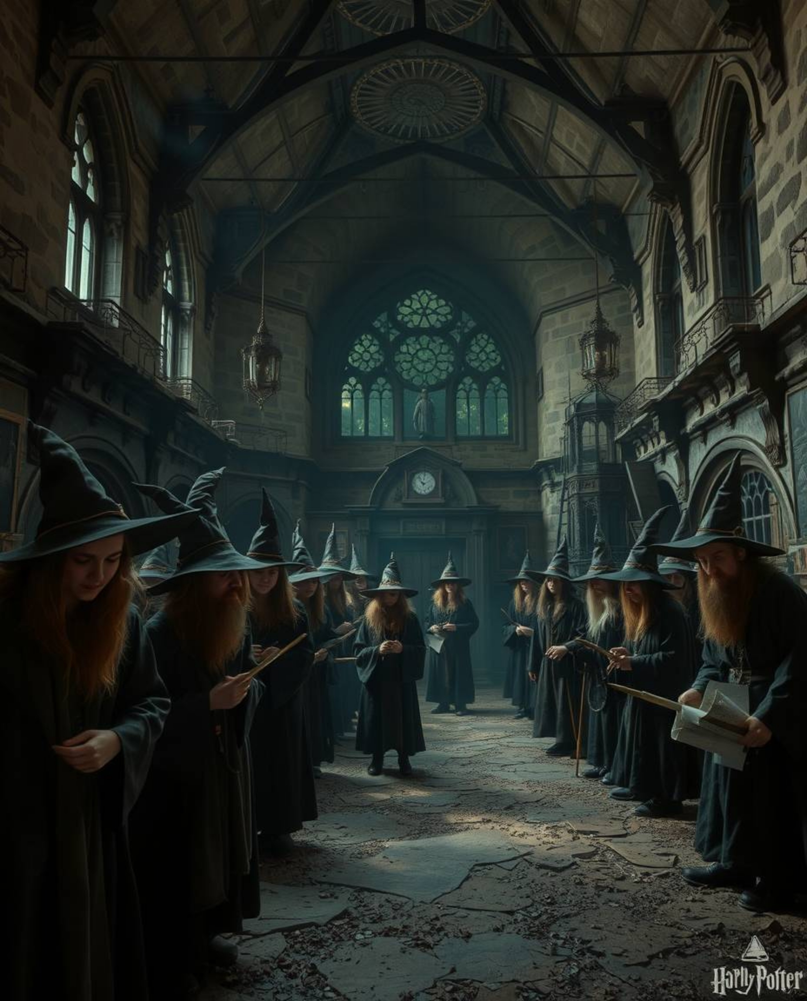 Explore a chilling and unsettling scene featuring a magical school brimming with young wizards. The artwork emphasizes a cree