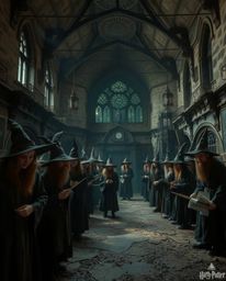 Explore a chilling and unsettling scene featuring a magical school brimming with young wizards. The artwork emphasizes a cree